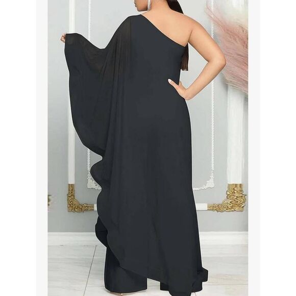 One-Shoulder Black Draped Jumpsuit with Flowing Maxi Overlay Size XXL - Picture 8 of 9